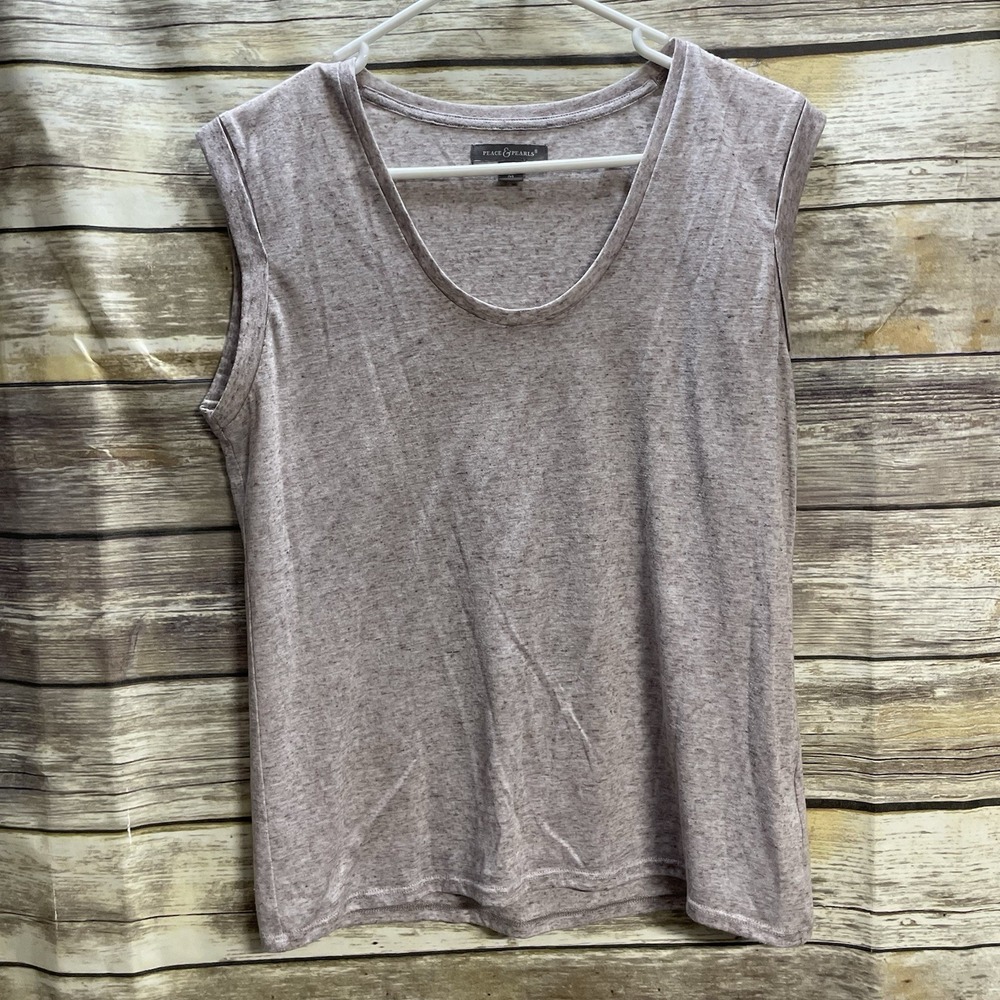 Peace & Pearls Blouse Women's‎ Medium Semi Sheer Heather Brown White Sleeveless
